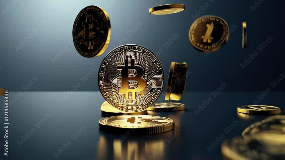 Poster Bitcoin and other cryptocurrencies coins falling and bouncing on a reflective dark surface, creating a dynamic and captivating scene of financial technology