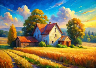 Obraz premium Rustic Farmhouse Oil Painting, Golden Fields, Blue Sky, Low Light, Impressionistic Countryside Landscape