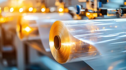 Transparent plastic film roll in manufacturing facility with bright lighting