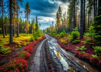 Obraz premium Rustic Forest Road, Arkhangelsk Region, Nenoksa, Russia: Muddy Track in Springtime
