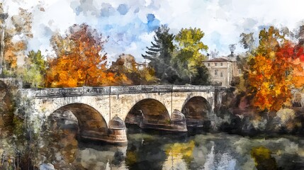 Obraz premium Autumnal Stone Bridge River Reflection Watercolor