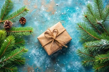 Rustic Holiday Gift Box: Craft Paper Package Beside Fir Branches on Blue Winter Background
