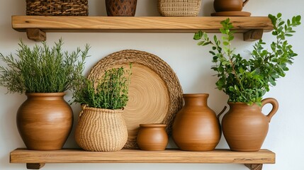 Fototapeta premium Handcrafted Clay Pots Displayed on Wooden Shelves portrait craftsmanship festival