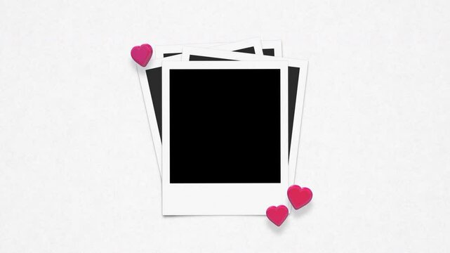 Pile Of Retro Instant Photo Frames With Alpha And 3D Floating Hearts On Paper Loop