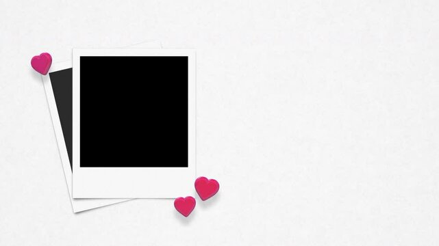 Pile Of Retro Instant Photo Frames With Alpha And 3D Floating Hearts On Paper Background Loop