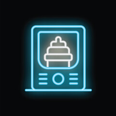 Glowing neon line icon of a baby food heater for warming up bottles of formula on a smartphone screen