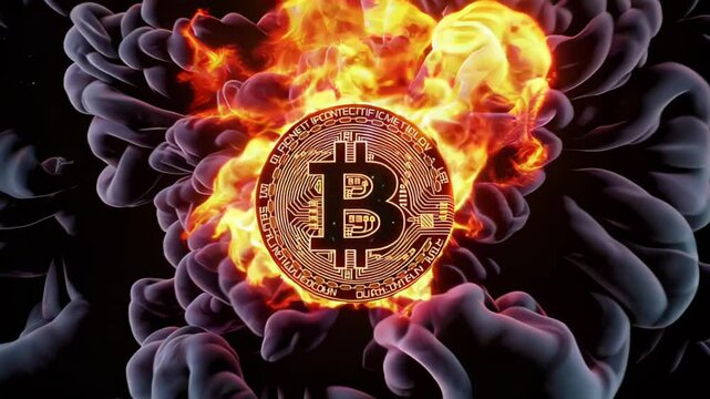 Bitcoin digital cryptocurrency coin burning in orange and yellow flames surrounded by dark smoke on a black background, representing the volatility and risk of investing in crypto