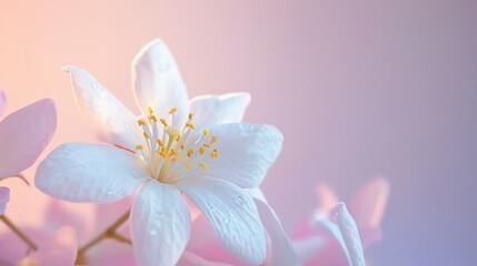 Fototapeta premium A beautiful close-up of a white flower with a yellow center. The petals are delicate and have a soft, velvety texture.