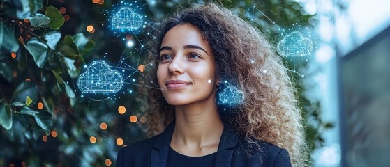 Business Worker Contemplating Cloud Innovation in Urban Environment with Digital Connections