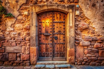 Rustic Old Wooden Door in Siguenza, Guadalajara, Spain - Architectural Detail Stock Photo