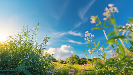 Obraz premium Green field and blue sky with clouds, summer landscape
