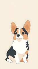 Tricolor corgi puppy standing in contemporary digital art style vertical card illustration
