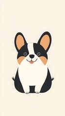 Cute black and white corgi puppy in minimalist cartoon style vertical illustration
