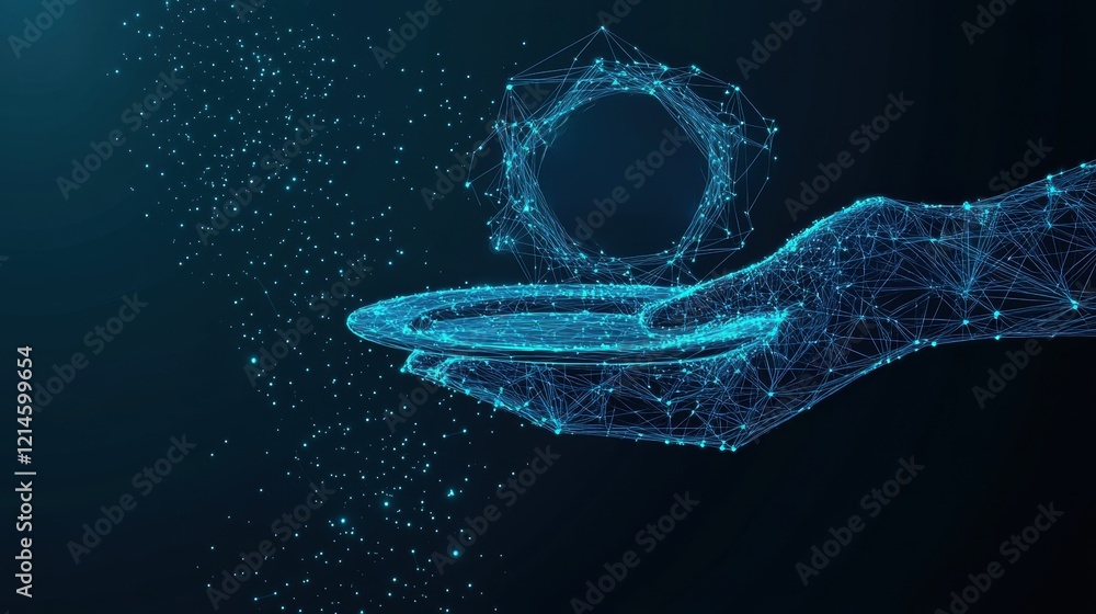 Poster hand holding a sphere with connected dots representing a network or data visualization concept
