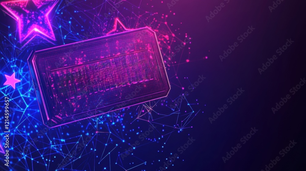 Poster computer chip on glowing pink and blue background with intricate circuit design and technology theme