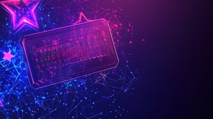 Computer chip on glowing pink and blue background with intricate circuit design and technology theme