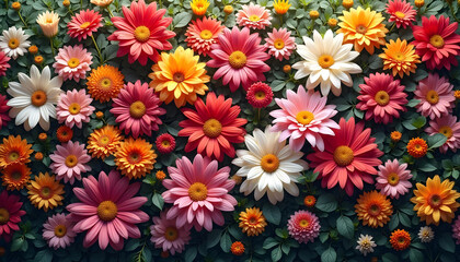 A dynamic floral wall filled with blooming chrysanthemums, daisies, and other wildflowers, bursting with radiant colors and natural beauty.