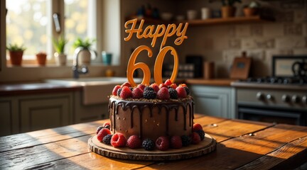 Celebrating a milestone with a chocolate cake adorned with happy topper