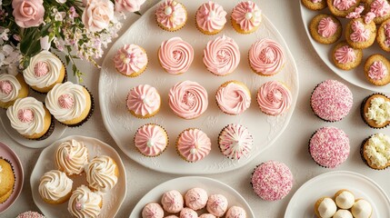 Fototapeta premium A table filled with a variety of Mother's Day-themed cupcakes, cookies, and pastries.