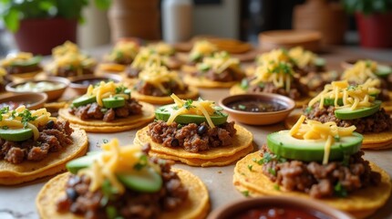 Fototapeta premium Delicious Venezuelan arepas filled with shredded beef and fresh toppings