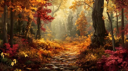 Naklejka premium Autumn Forest Path Golden Leaves Stone Walkway Fall Scenery