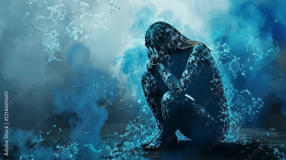 Poster a figure sits in a curled position, partly obscured by swirling blue smoke and water-like textures. 