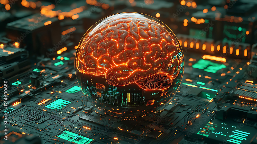 Poster stunning 3d render of a glowing brain inside a glass sphere resting on a futuristic circuit board. p