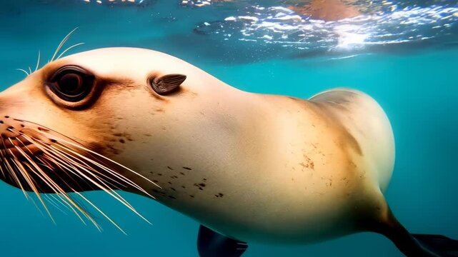 Underwater close up capturing a sea lion gliding gracefully through turquoise waters, showcasing prominent whiskers against a pristine and clear backdrop