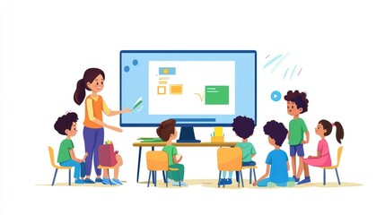 A teacher guiding a group of elementary students through an online lesson, with animated educational content on the screen.