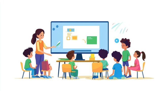 A teacher guiding a group of elementary students through an online lesson, with animated educational content on the screen.