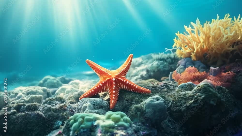 Poster sunlight beams are piercing through the water surface illuminating a red starfish resting on the oce