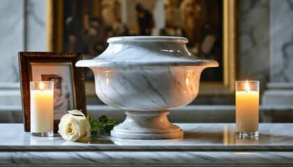 Elegant marble urn with candles and rose in serene setting