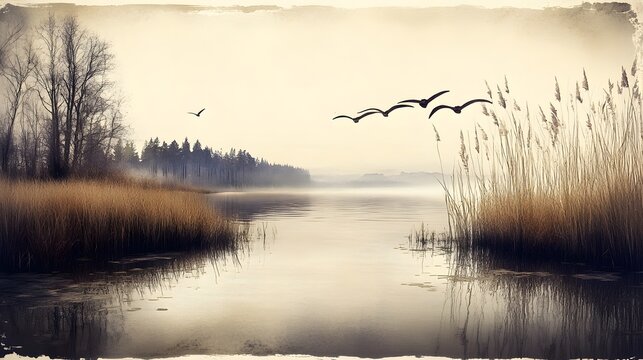 Serene Misty Lake Landscape with Birds in Flight