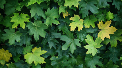 A bunch of green leaves with some yellow leaves in the middle