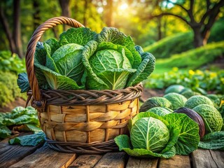 Rustic Wooden Basket Overflowing with Fresh Green Cabbages in a Natural Setting