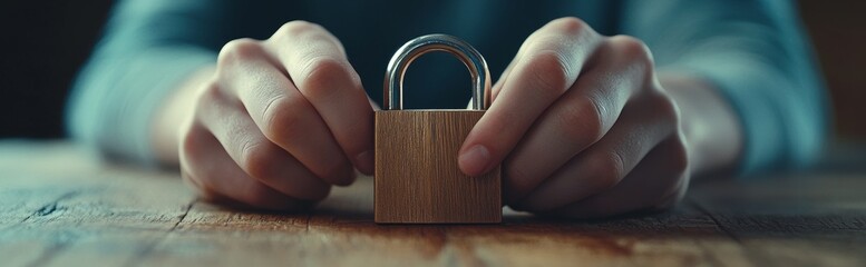 Obraz premium Person Holding Wooden Padlock on Table - Flat Lay
