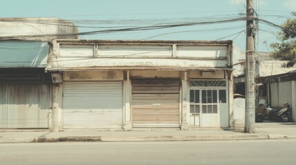 Closed shopfront of an old, weathered building on a sunny street.