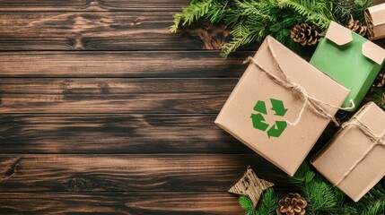 Festive Christmas Gifts and Greenery Arrangement on Rustic Wooden Background