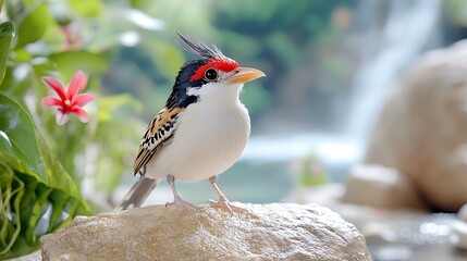Red crested Cardinal Bird on Rock  Tropical Garden  Closeup
