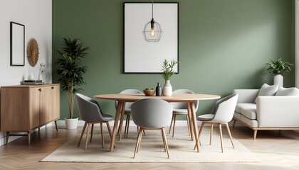 Modern Dining Area with Sage Green Accents. A stylish and inviting dining area featuring a light oak wooden table with gray upholstered chairs, a soft cream rug, and sage green walls