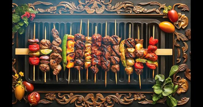 Grilled skewers, vegetables, ornate tray, smoky background, restaurant menu