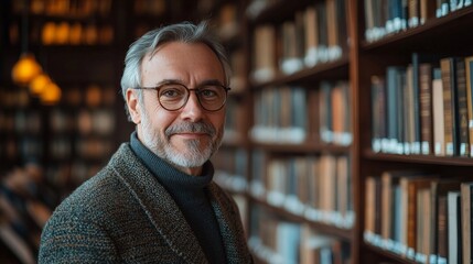 Fototapeta premium A professional man in a classic library setting, showcasing expertise and academic depth. Suitable for educational, corporate, or biographical contexts.