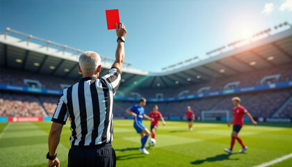 A soccer referee signals a red card to a misconducting football player while another player approaches on a lush green field in a packed stadium on a sunny day
