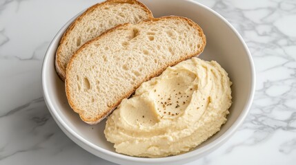 Naklejka premium Creamy mashed potato with crusty bread slices in a bowl.