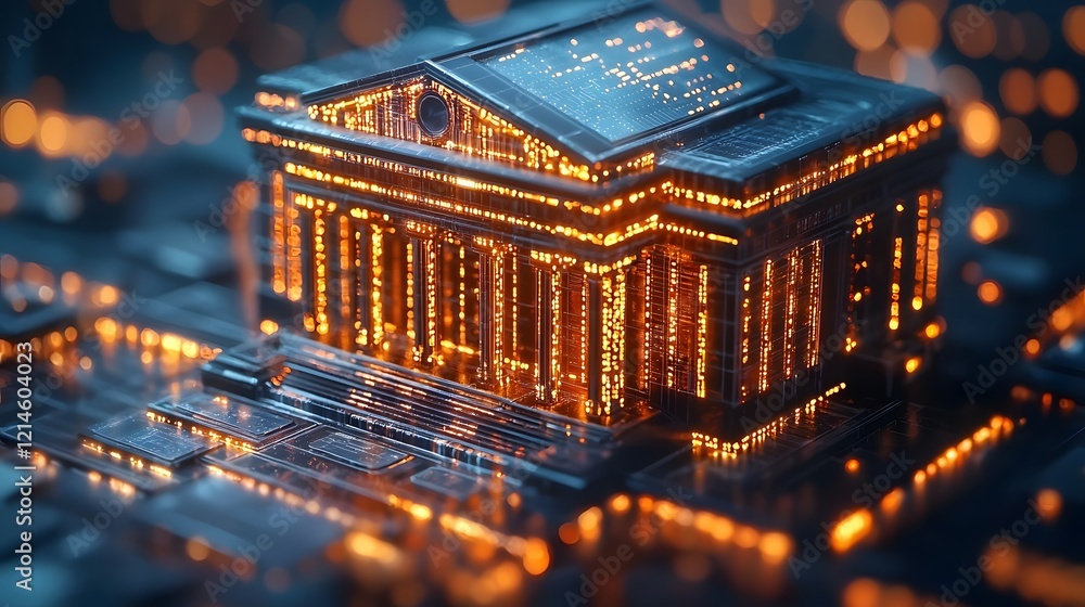 Poster futuristic bank powered by glowing systems with automated secure and efficient
