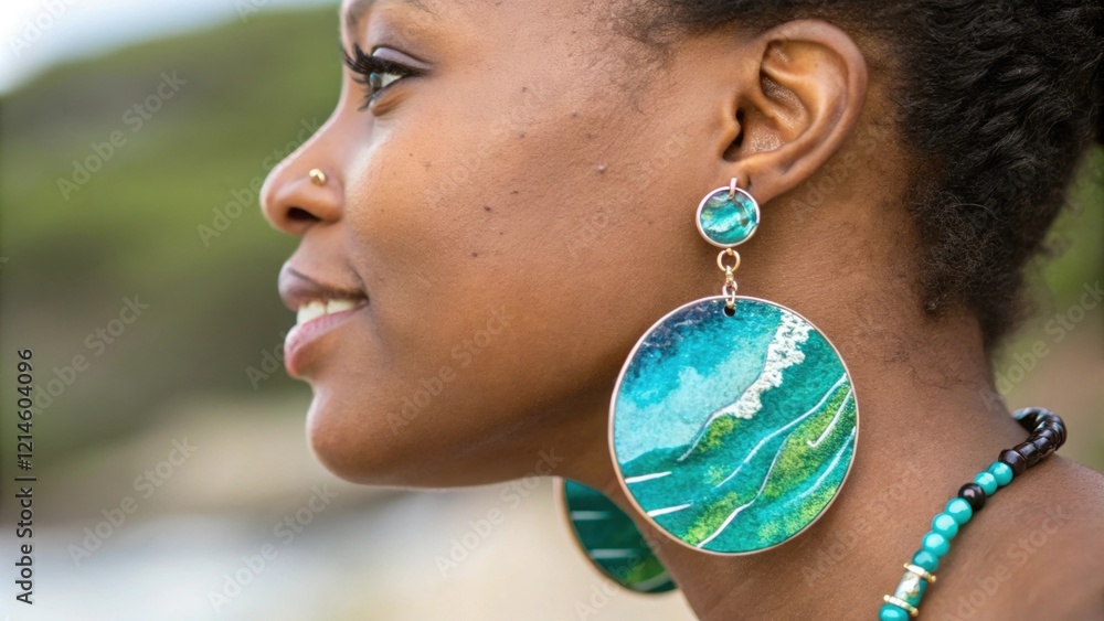 Poster a closeup image capturing a person with large circular earrings that showcase a stunning blend of oc