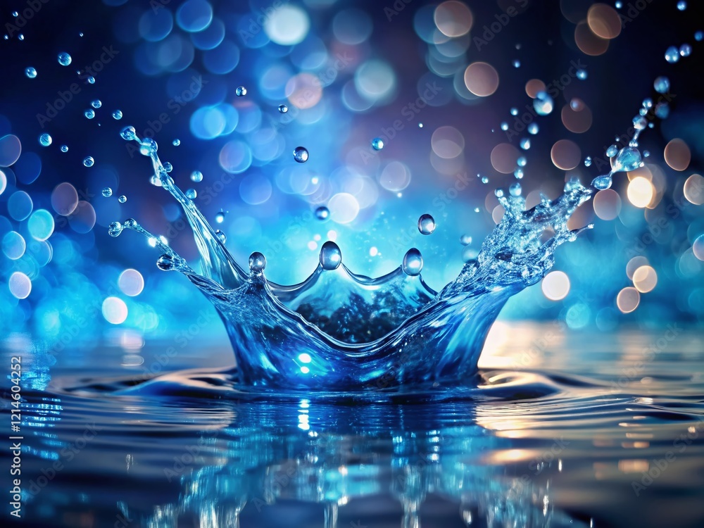 Poster abstract blue water splash 3d animation background with bokeh effect
