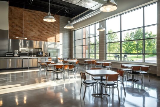 Modern cafeteria with stainless steel kitchen and large windows overlooking park