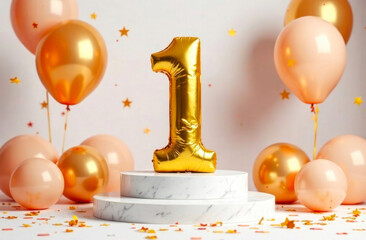 A golden number one balloon on a marble pedestal is surrounded by peach and rose balloons for a first birthday