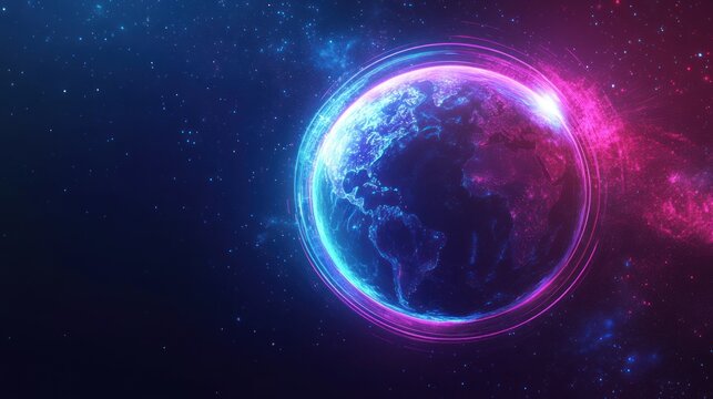 Glowing Earth rotating in space, digital network, cosmic background, futuristic concept